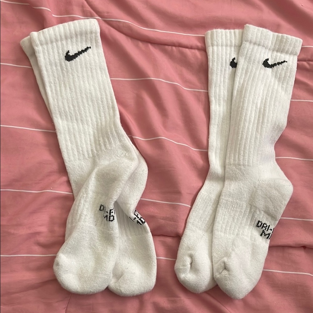 Nike White Crew Athletic Socks with Black Swoosh - 2 Pair